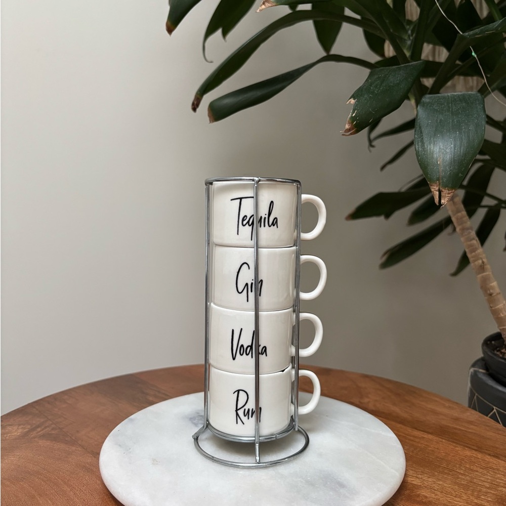 Stackable White Ceramic Espresso Shot Cup Set with Metal Rack